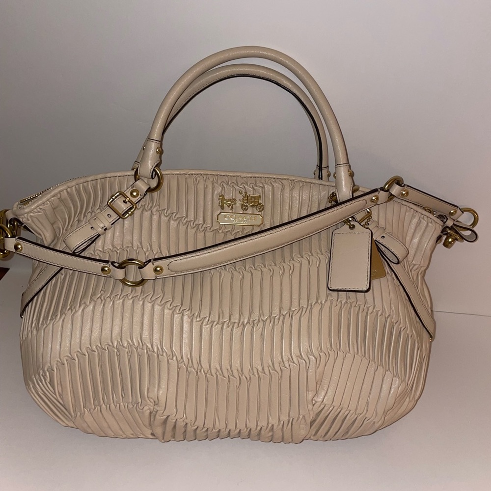 Coach F1182 Sophia Madison Beige Ruched Leather Large Tote Shoulder Bag